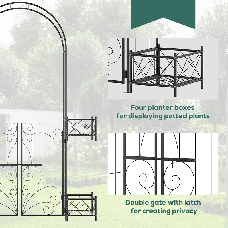 7' Garden Arch Arbor, Metal Arch Trellis with Gate, Garden Archway for Climbing Vines, Wedding Ceremony Decoration, Black