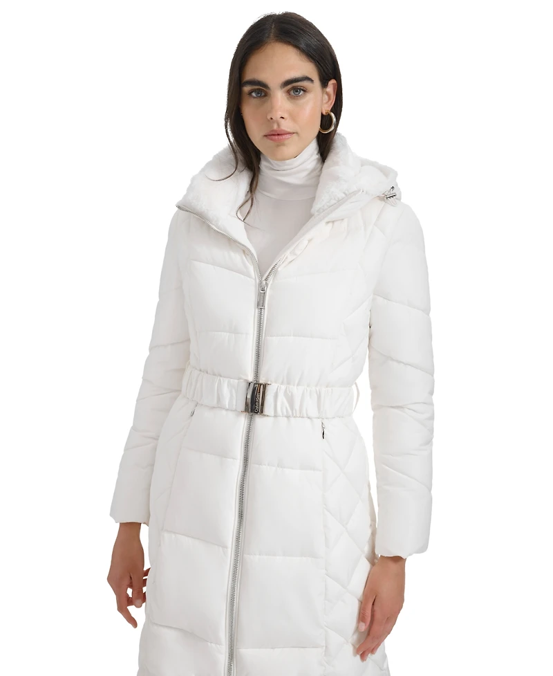 Calvin Klein Women's Diamond Quilted Side Belted Hooded Puffer Coat