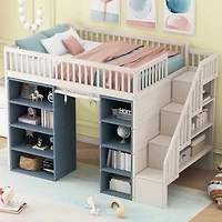 Streamdale Full Size Loft Bed with 2 Four-layer Storage Cabinets and Curtain