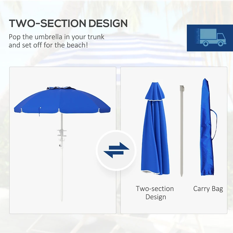 5.7' Portable Beach Umbrella with Tilt, Adjustable Height, 2 Cup Holders & Hooks, Uv 40+ Ruffled Outdoor Umbrella with Vented Canopy, Blue