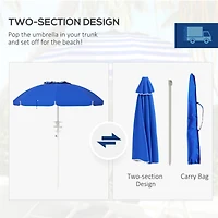 5.7' Portable Beach Umbrella with Tilt, Adjustable Height, 2 Cup Holders & Hooks, Uv 40+ Ruffled Outdoor Umbrella with Vented Canopy, Blue