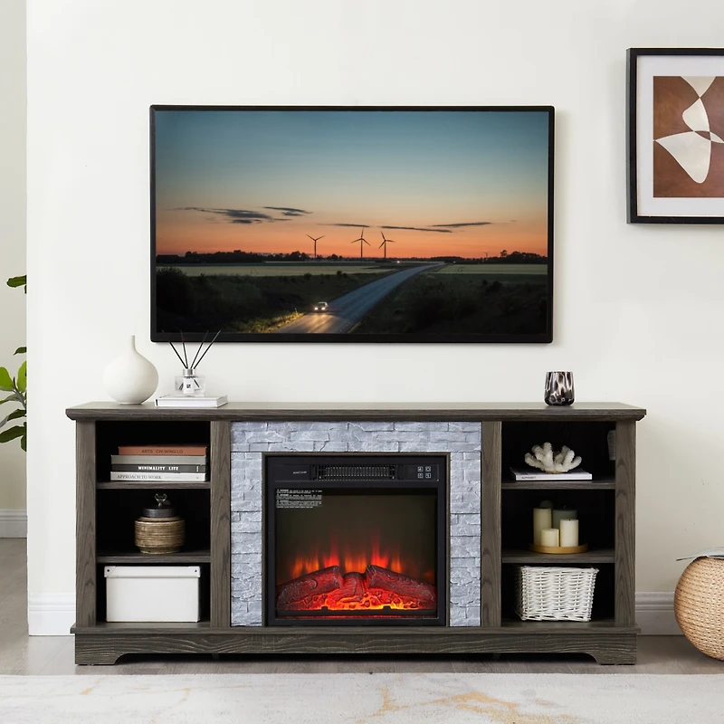 Streamdale Furniture Mantel Electric Fireplace Stone Tv Media Stand with Faux Stacked Stone Surround, Modern Entertainment Console with Open Storage S