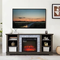 Streamdale Furniture Mantel Electric Fireplace Stone Tv Media Stand with Faux Stacked Stone Surround, Modern Entertainment Console with Open Storage S