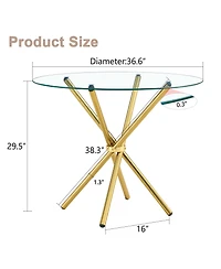 Simplie Fun Round clear glass dining table with a unique shape for 4-6 people, with ring-shaped gathered gold metal legs, suitable for desks, kitchens