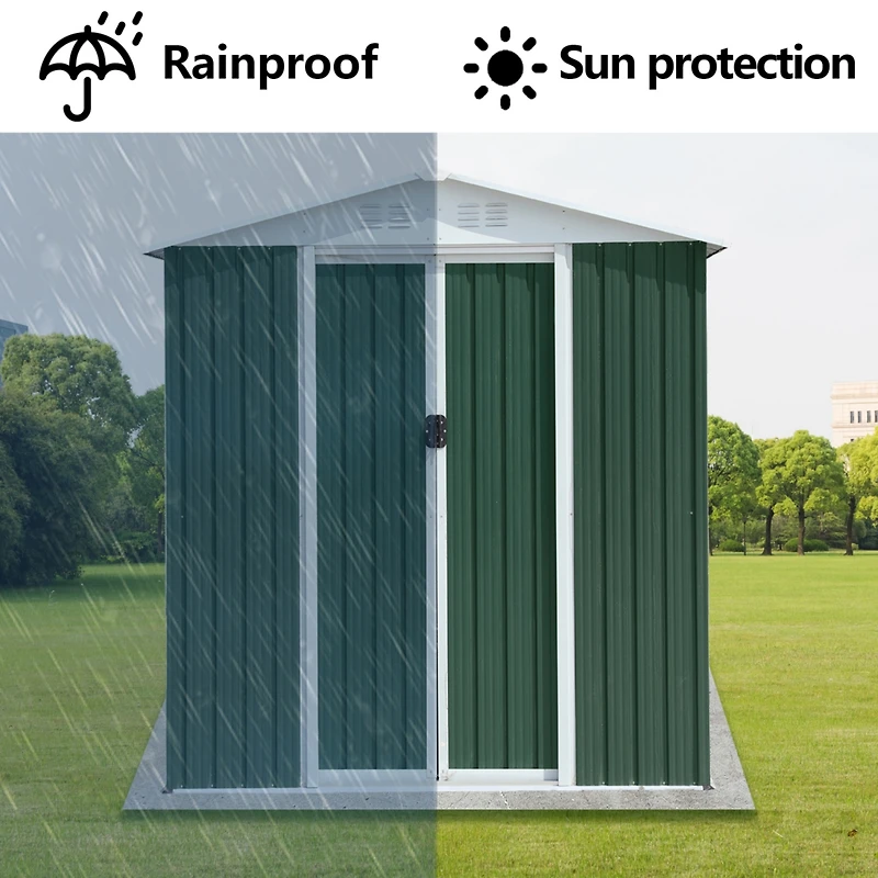 6FTx4FT Apex Roof Green Outdoor Tool Storage House Garden Shed With Aluminum Alloy Frame And Sliding Door