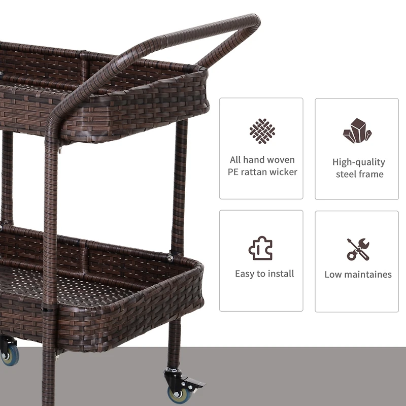 Rattan Wicker Serving Cart: 2-Tier Outdoor Bar Cart with Brakes