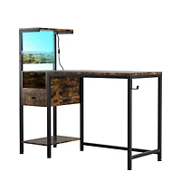 Simplie Fun Computer Desk with Power Outlet & Storage Shelves, Study Writing Table with Usb Ports Charging Station, Pc Desk Workstation for Home Offic