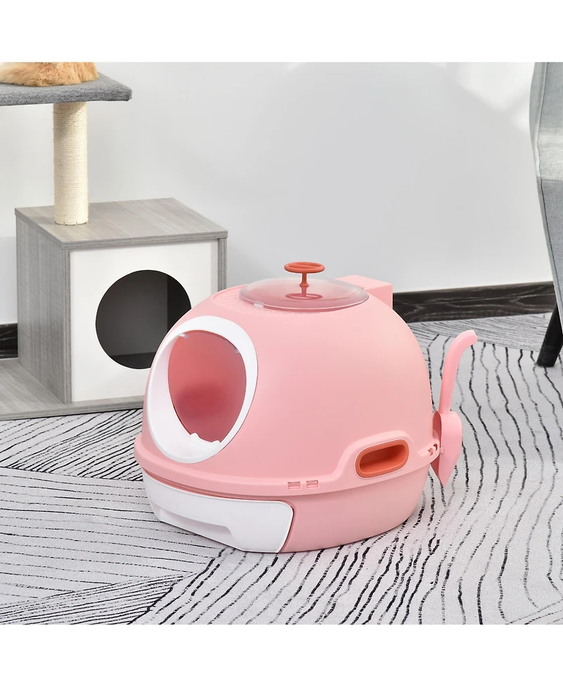 Covered Litter Box, Litter Box with a Lid, Scoop Enclosed Drawer & Skylight for Cats That's Easy to Clean, Pink