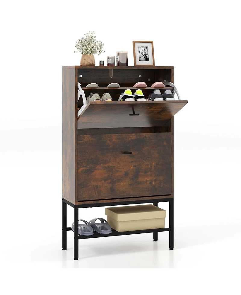 Industrial Shoe Storage Cabinet with 2 Flip Drawers 1 Bottom Metal Shelf Organizer
