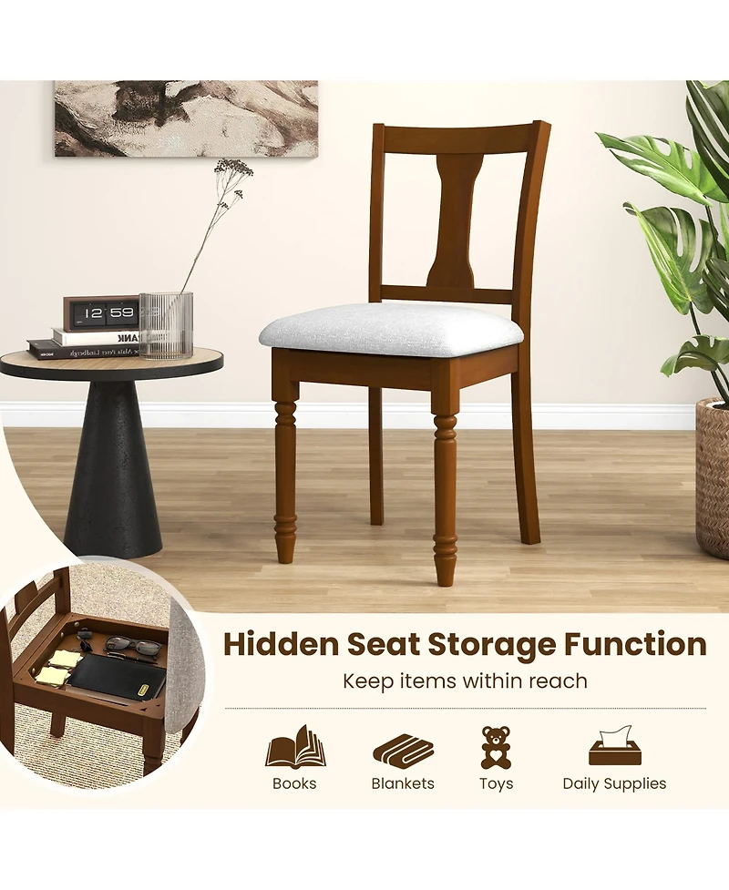 Gymax Set of 4 Upholstered Wooden Dining Chair w/ Seat Storage Space Brown