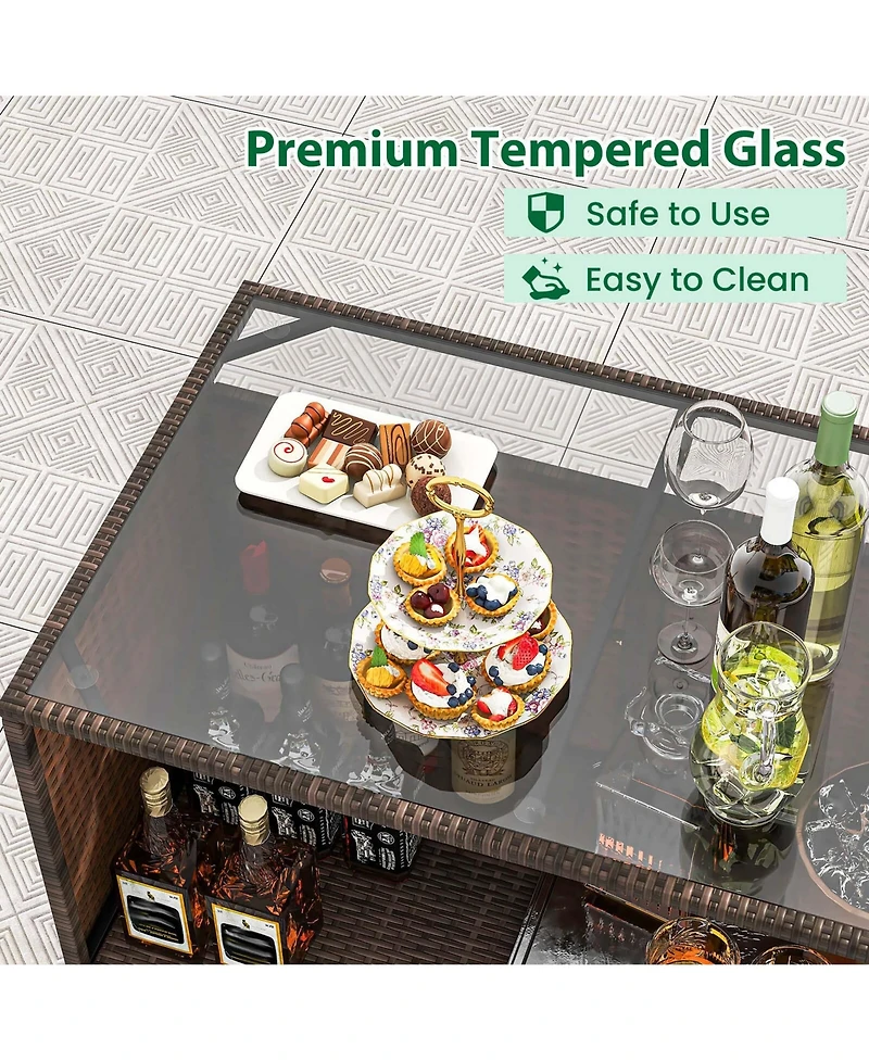 3 Pcs Patio Bar Set with Tempered Glass Tabletop 2-Tier Storage Removable Cushions
