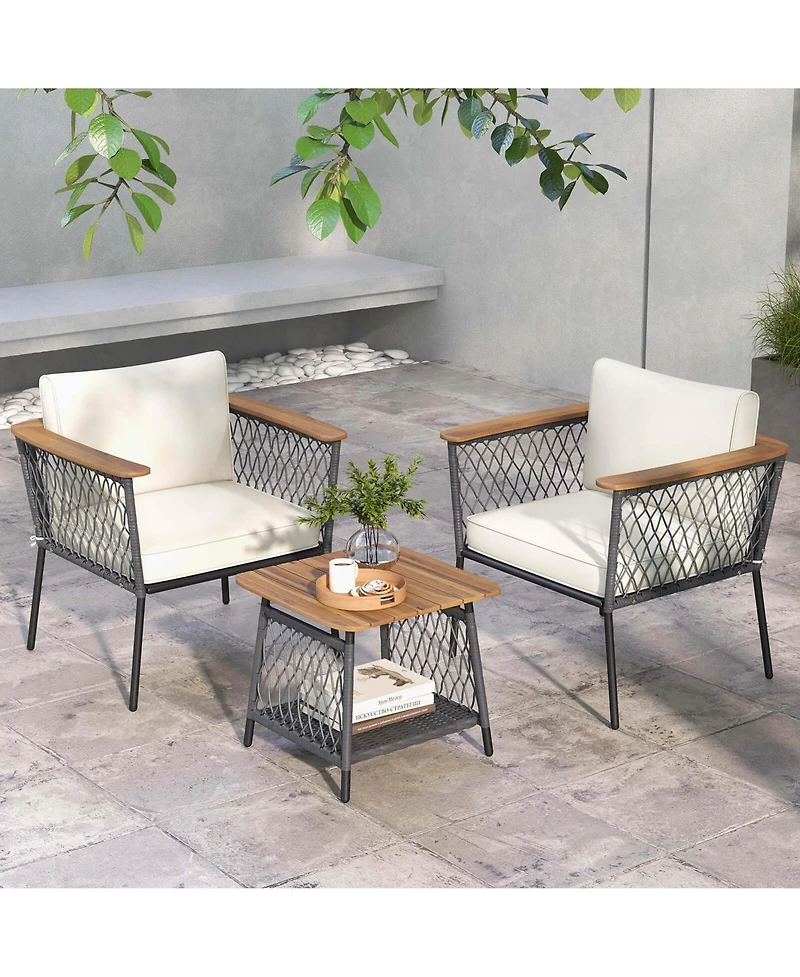 3 Pcs Patio Furniture Set with 2-Tier Coffee Table Acacia Wood Armrests Tabletop