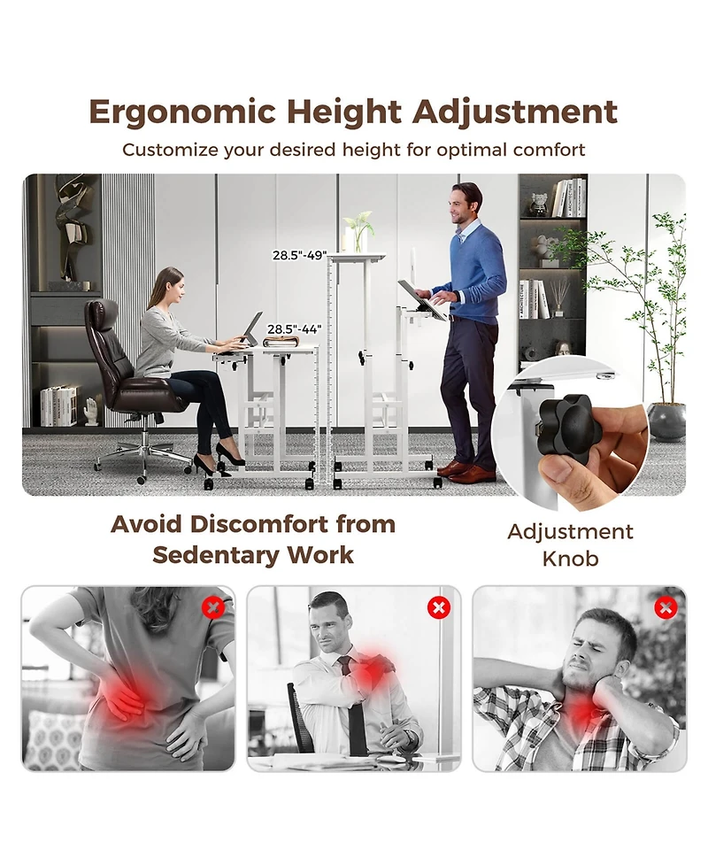 Height Adjustable Mobile Standing Desk with Tiltable Desktop & 2 Hanging Hooks