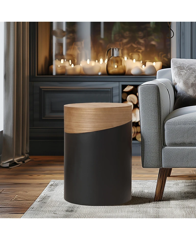 LuxenHome Natural Wood and Metal Round Drum Modern Accent End Side Table
