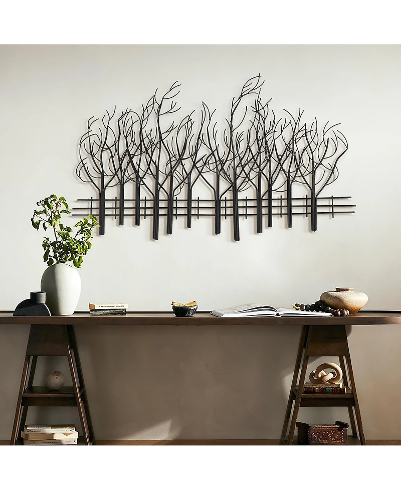 LuxenHome Snowy Black Metal Field of Trees Wall Decor