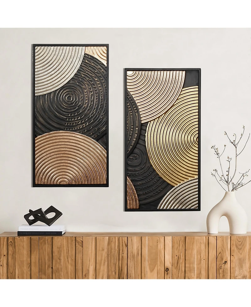 LuxenHome 2-Pc Earth Tone Circles Abstract Rectangular Metal Wall Decor Set