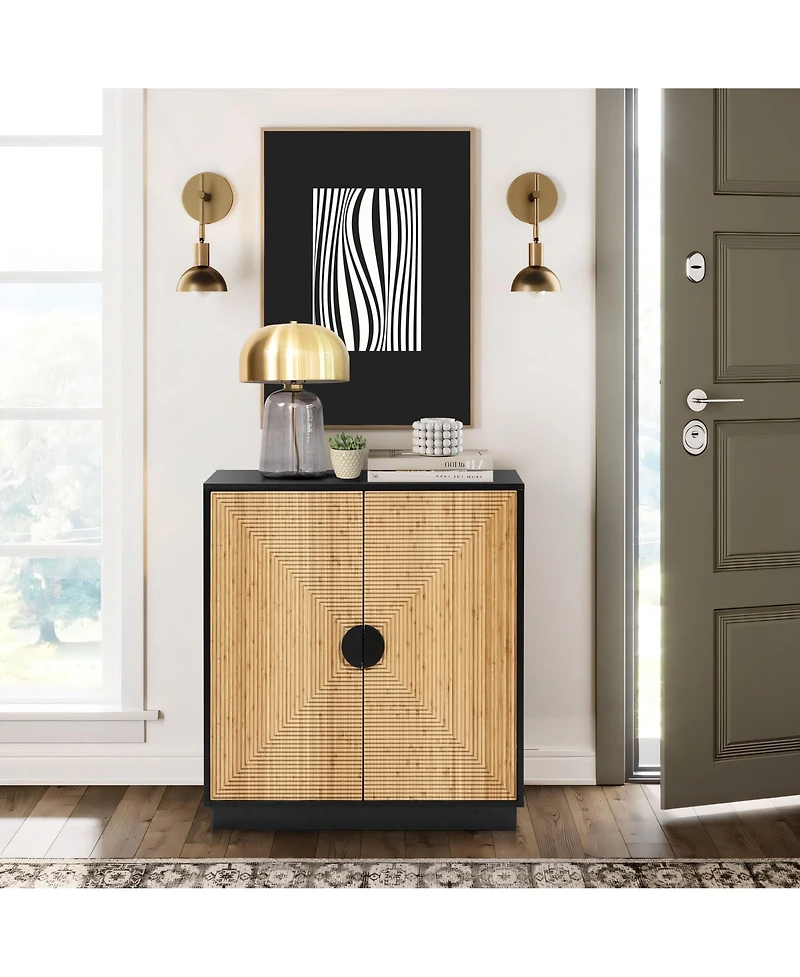 LuxenHome Mid Century Modern Boho 2-Door Black Bamboo Strips Accent Buffet Cabinet with Storage
