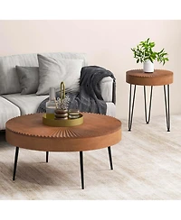 Costway Farmhouse Round CoffeeTable Set of 2 End Table Natural Finish for Living Room Coffee