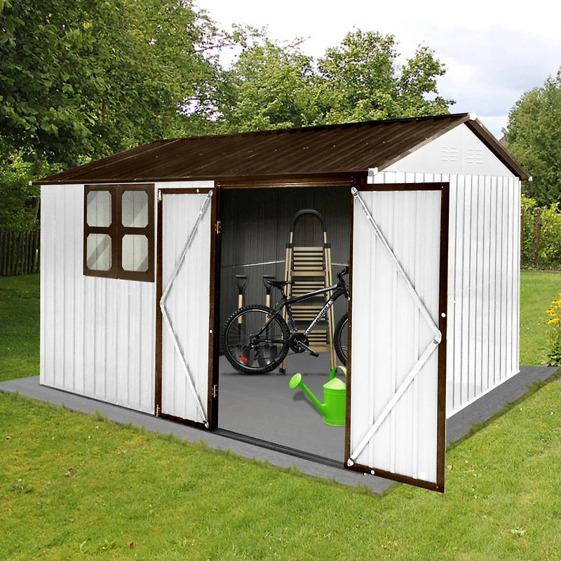 Streamdale 10'x8' Metal Garden Shed with Window, White+Coffee