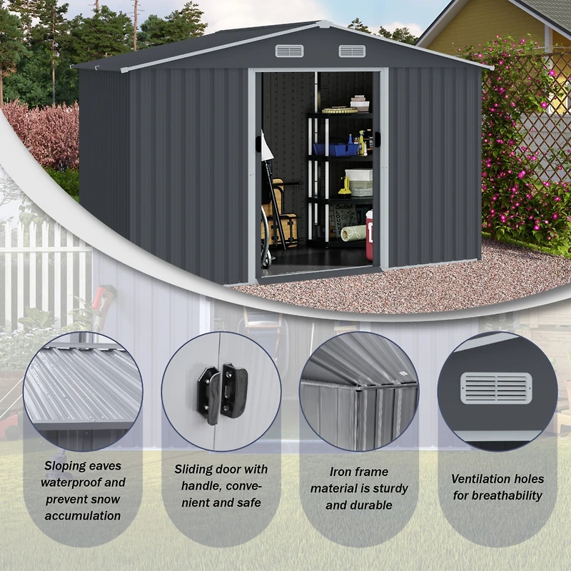 Outdoor Storage Shed 8 x 10 Ft Large Metal Tool Sheds, Heavy Duty Storage House with Sliding Doors with Air Vent for Backyard Patio Lawn to Store Bike