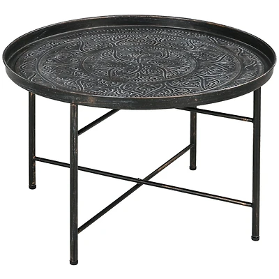 24" Round Coffee Table with Hammered Tray Top, Vintage Metal Center Table for Living Room, Bedroom, Side Table, Pewter