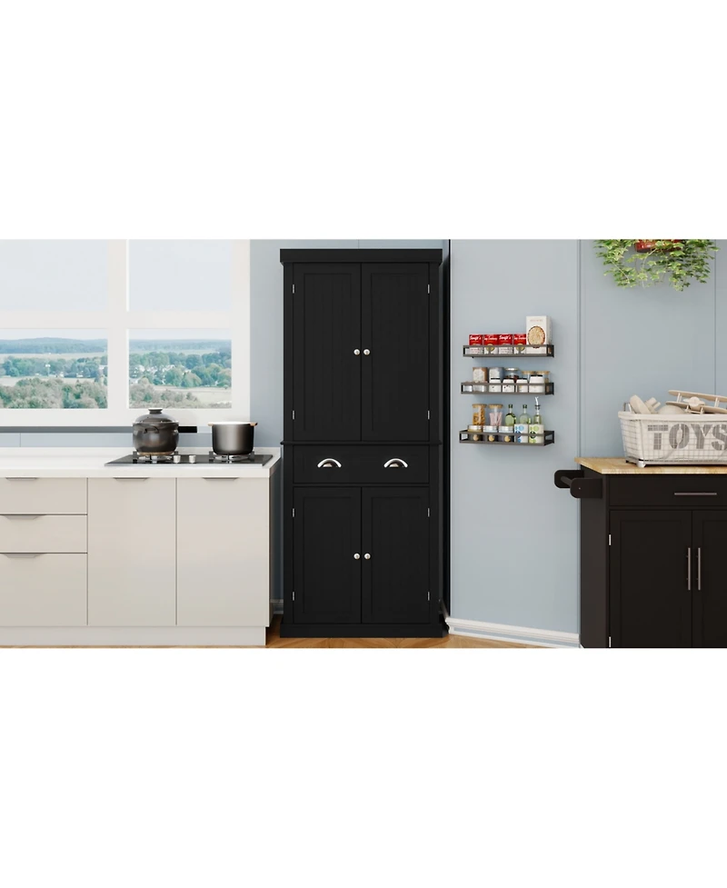 71" Kitchen Pantry Storage Cabinet, with 4 Doors, Drawer, 2 Adjustable Shelves, Freestanding Cupboard for Dining Room Living Room, Laundry-Black