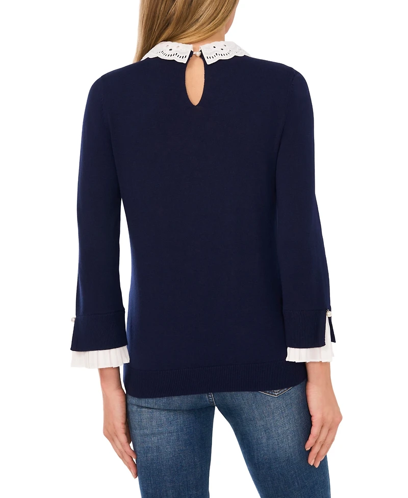 CeCe Women's Eyelet Collar Pleated Cuff Sweater