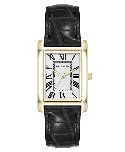 Anne Klein Women's Quartz Signature Black Crocograin Leather and Gold-Tone Alloy Metal Watch, 25mm