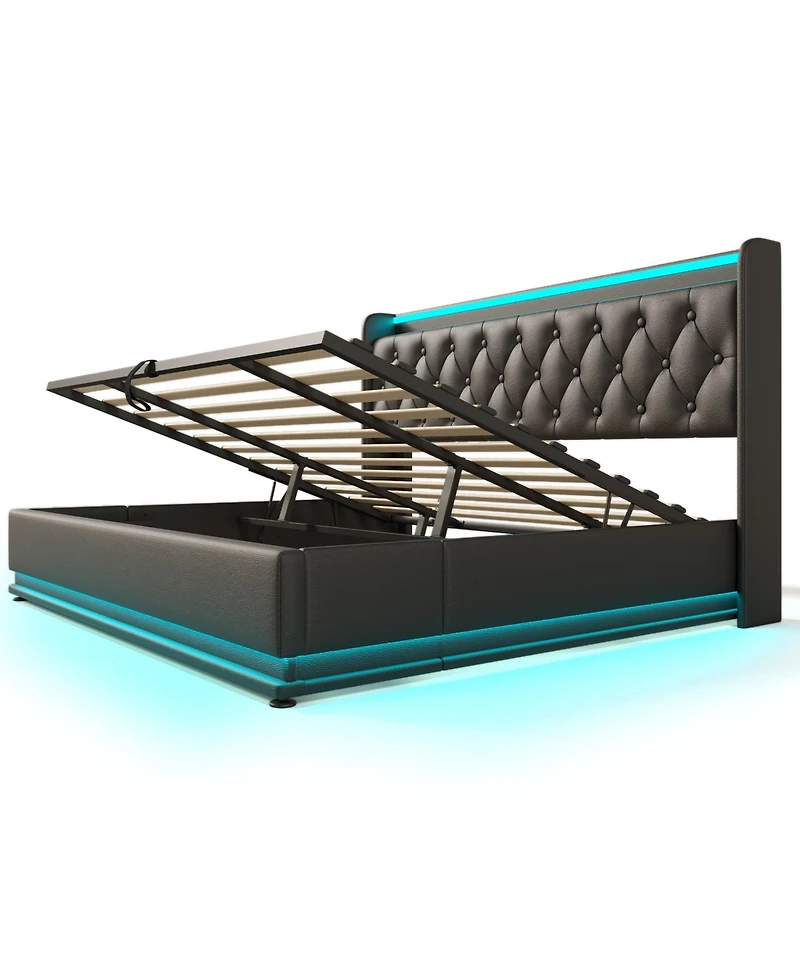 Streamdale Furniture King Upholstered Bed with Led Lighting, Storage, and Usb Charging Ports
