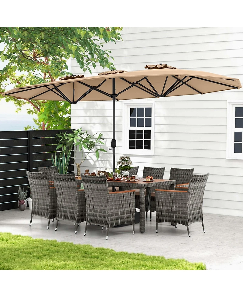 Costway 10 Pieces Patio Wicker Dining Set with Double-Sided Umbrella 8 Armchairs