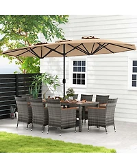 Costway 10 Pieces Patio Wicker Dining Set with Double-Sided Umbrella 8 Armchairs