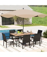 7 Pcs Patio Dining Set with Acacia Wood Dining Table Rattan Armchairs Soft Cushions