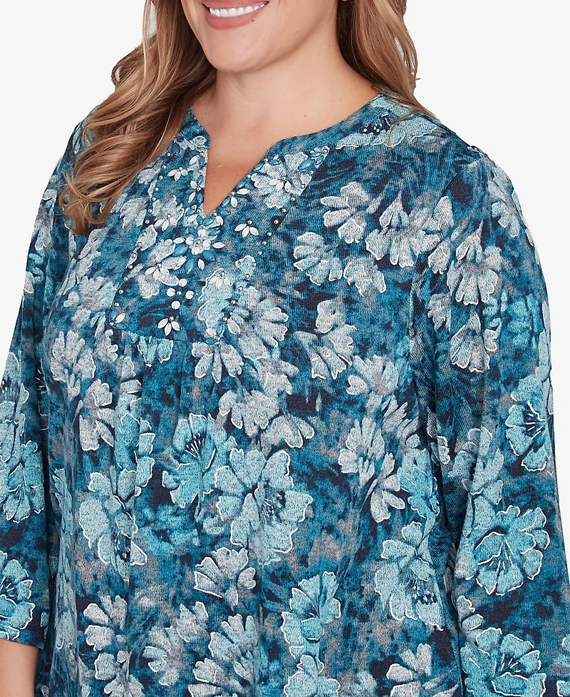 Ruby Rd. Plus Size Embellished Wintery Floral Hatchi Top
