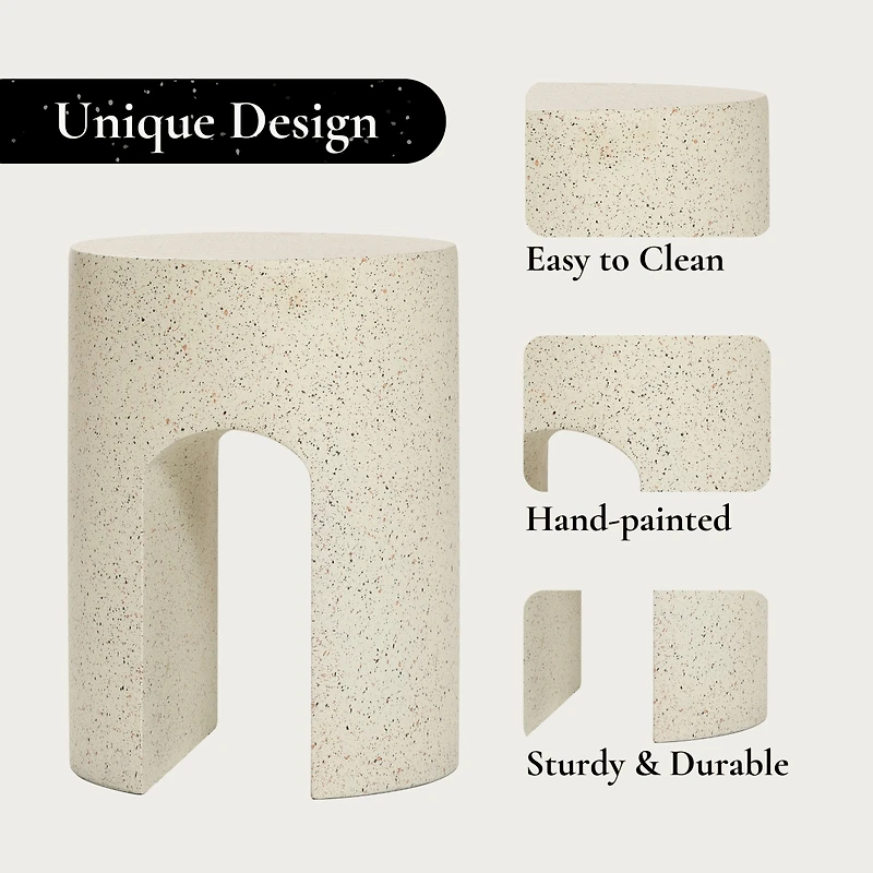 LuxenHome Outdoor Side Table, 17.5'' Mod Cream Cement Small Accent Table, Round with U-Shape End Tables for Garden,Patio,Balcony, Plant Stand