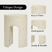 LuxenHome Outdoor Side Table, 17.5'' Mod Cream Cement Small Accent Table, Round with U-Shape End Tables for Garden,Patio,Balcony, Plant Stand