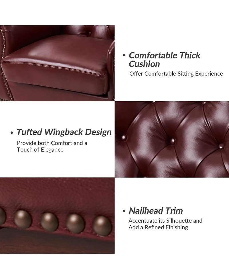 Hulala Home Eugene Traditional Genuine Leather Chair with Tufted Wing Back and Solid Wood