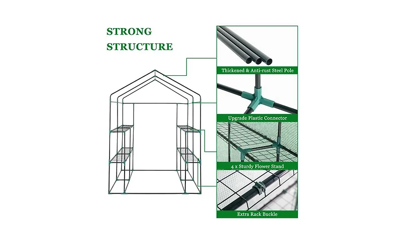 Slickblue Pipe Greenhouse with 8-Piece Grid Flower Stand - Zipper Rolling Door & Pe Cloth for Plants
