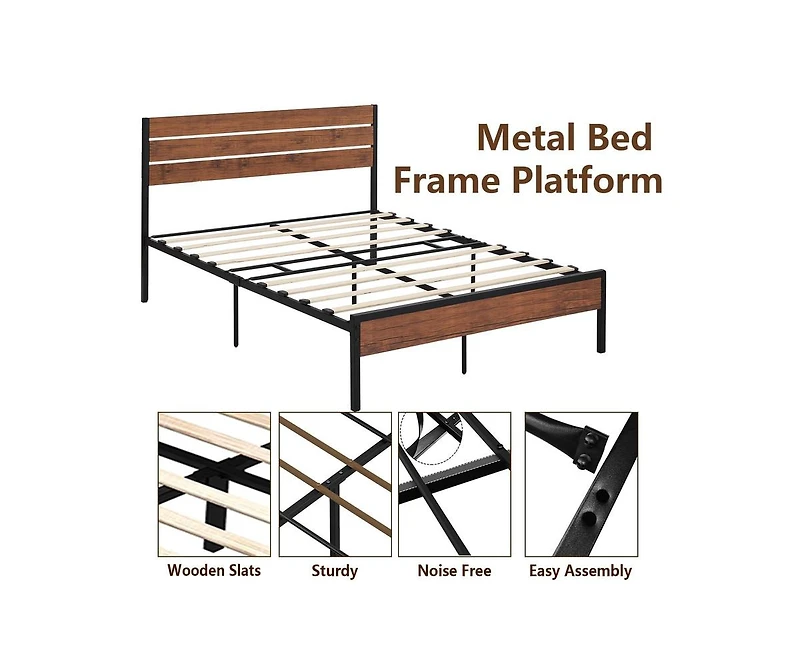 gaomon Queen Size Platform Bed Frame with Rustic Vintage Wood Headboard, Mattress Foundation Metal Slats Support, No Box Spring Needed, Brown