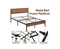 gaomon Queen Size Platform Bed Frame with Rustic Vintage Wood Headboard, Mattress Foundation Metal Slats Support, No Box Spring Needed, Brown