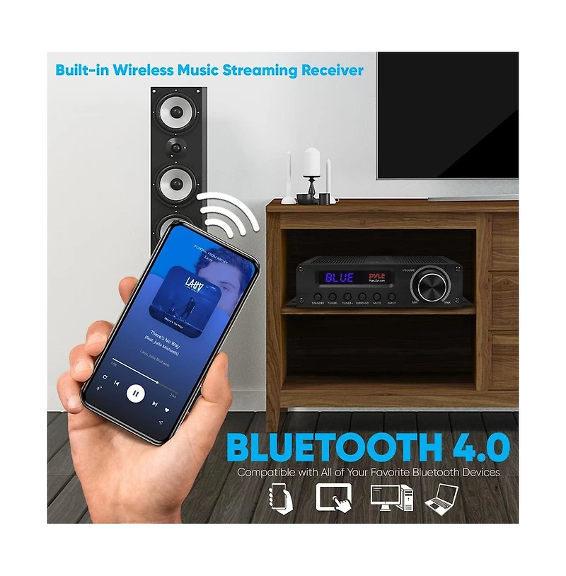 Pyle 5.1-Channel Wireless Bluetooth Amplifier With Hdmi Output, Fm Radio, & Digital Led Display, 100 Watt