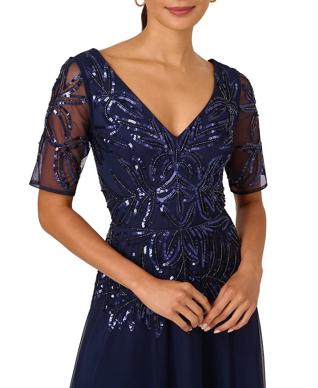 Adrianna Papell Women's Beaded Mesh V-Neck A-Line Dress | MainPlace Mall