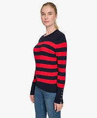 Nautica Jeans Women's Crewneck Stripe Sweater with Button Sleeve