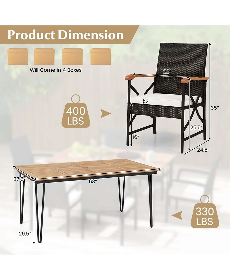 Costway 7 Pcs Patio Dining Set with Acacia Wood Dining Table Rattan Armchairs Soft Cushions