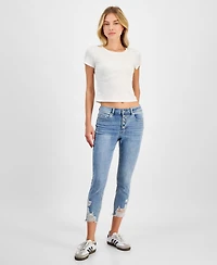 Indigo Rein Juniors' Mid Rise Button Fly Distressed Cropped Curvy Jeans