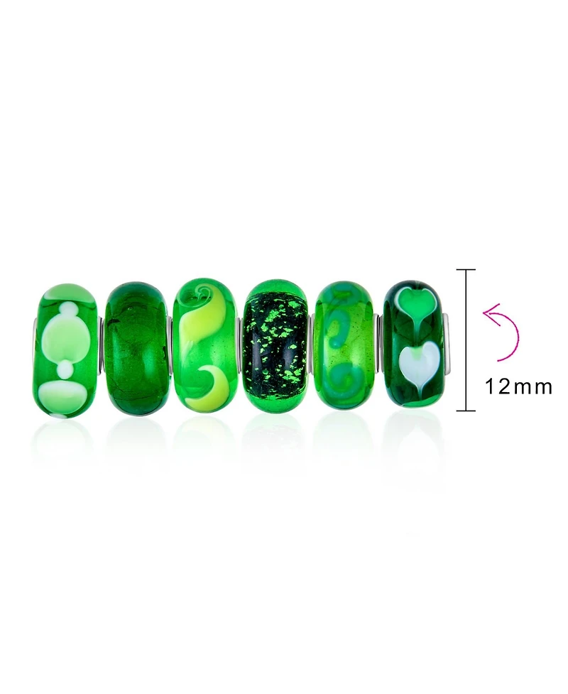 Bling Jewelry Mixed Set Of 6 Bundle Translucent Shades Of Green Swirl Floral Murano Glass Swirl Charm Bead Spacer .925 Sterling Silver Core Fits Europ