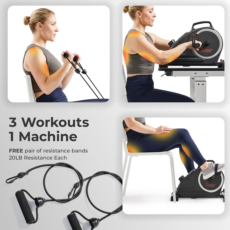 Sunny Health & Fitness Magnetic Compact Under-Desk Mini Pedal Exercise Bike w/Resistance Bands & Free SunnyFit App Connectivity