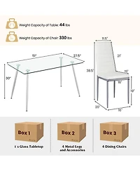 Gymax 5 Pcs 51'' Rectangle Dining Set 0.3'' Thick Glass Table w/ 4 Padded Dining Chairs