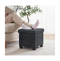 Ornavo Home Foldable Tufted 15 Inch Square Linen Storage Ottoman with Legs