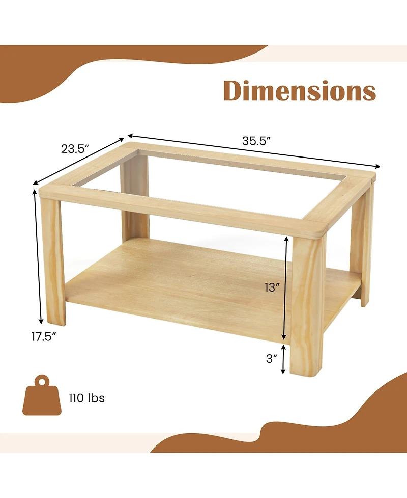 Gymax 2-Tier Coffee Table w/ Tempered Glass Tabletop & Storage Shelf Rounded Corners