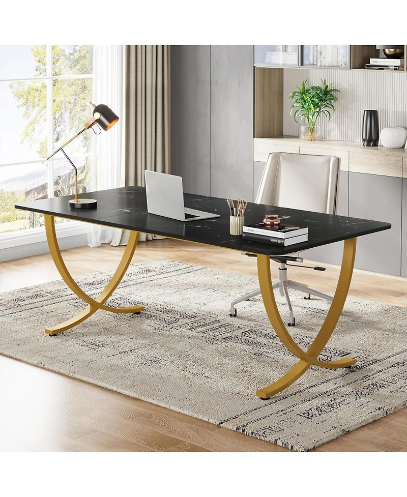 Tribesigns Executive Desk, Large Office Desk, Modern Computer Desk Conference Table Meeting Room Table, Business Furniture, Black and Gold